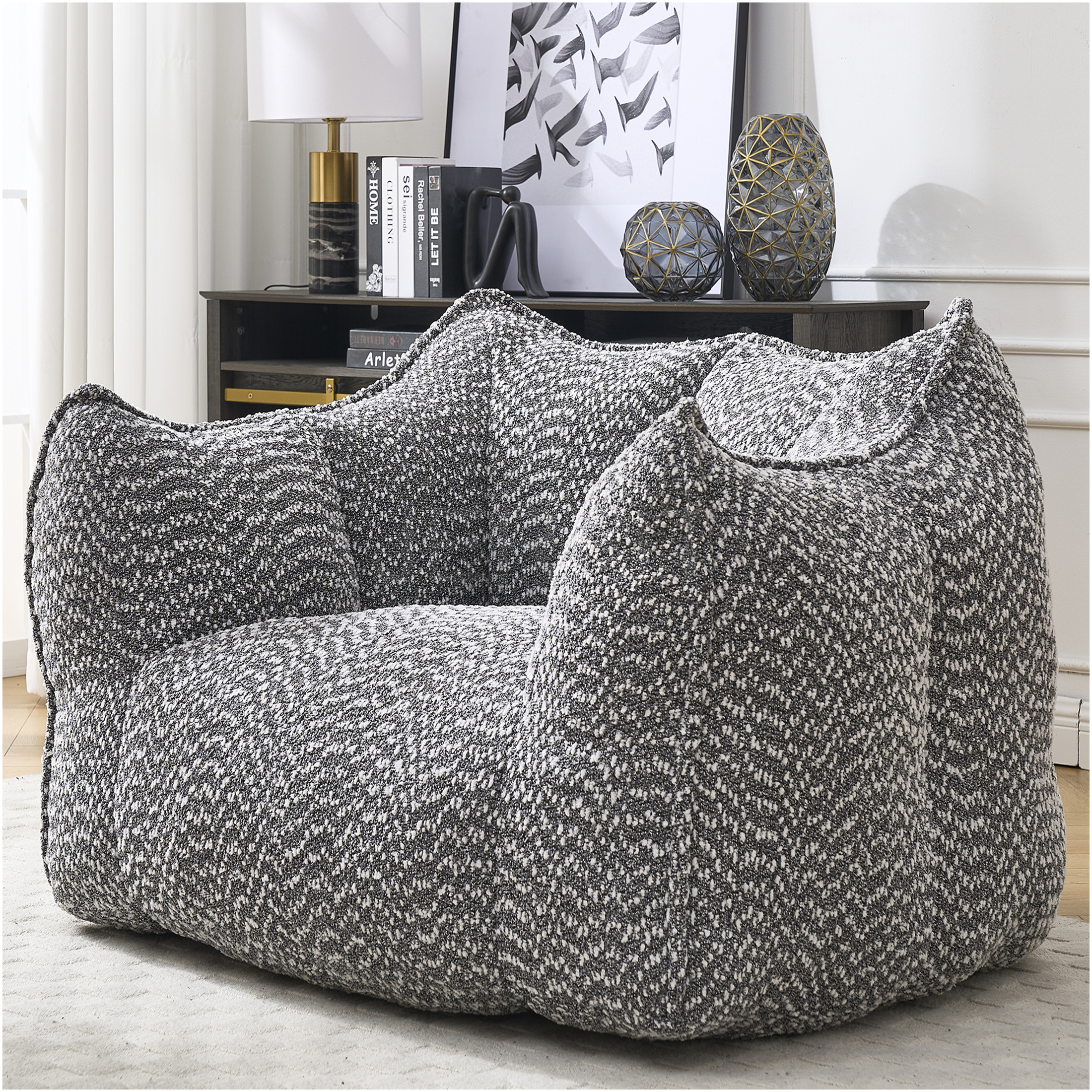 JERFIT Chenille Bean Bag Chair for Adults, Oversized Square Gaming Chair with High Resilience Foam, Comfy Armrests & Handle for Living Room, Bedroom, TV Watching, Reading - Grey