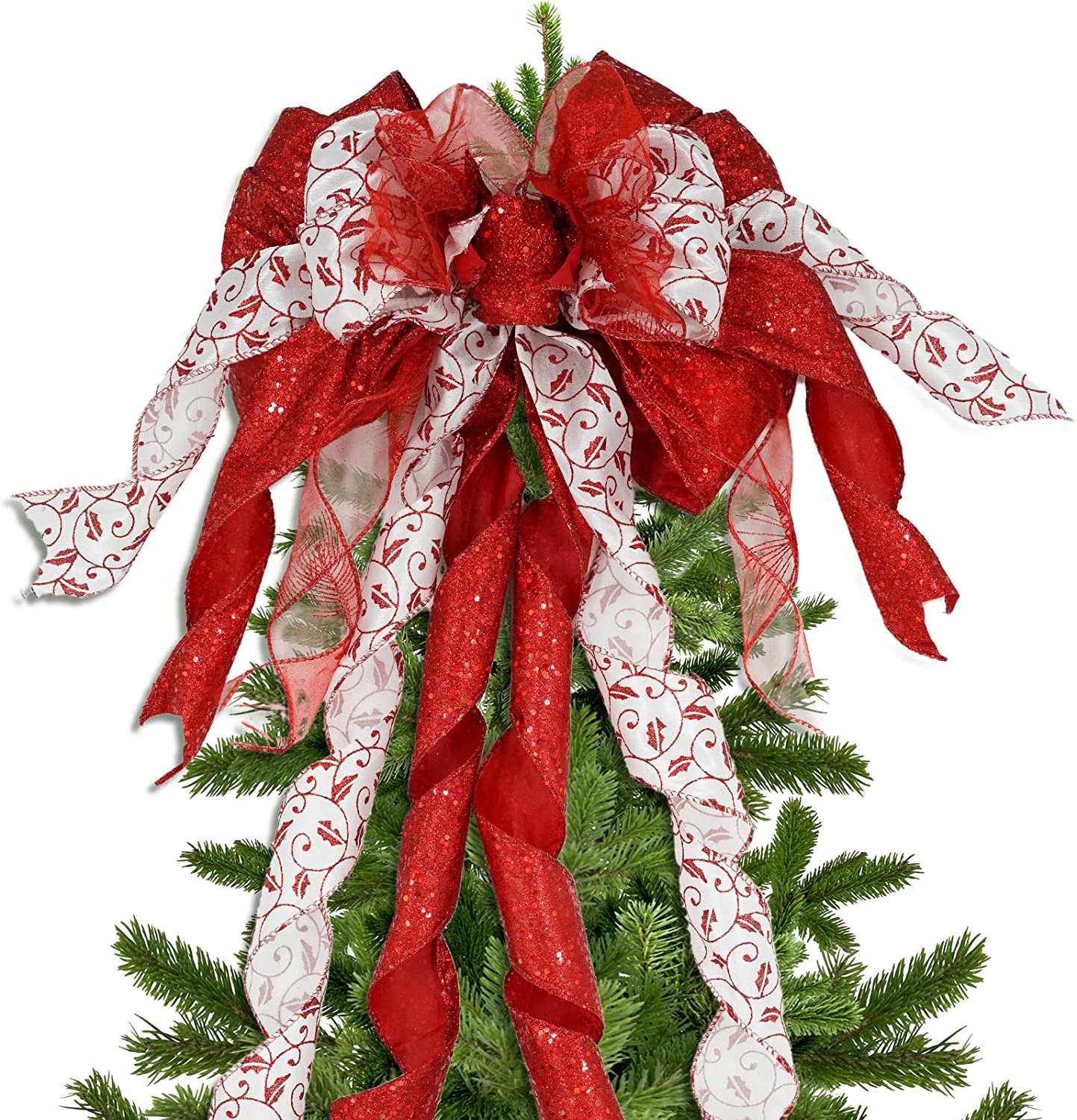 Christmas Tree Topper, 32x12 Inches Large Toppers Bow with Glitter Streamer, Red&White Christmas
