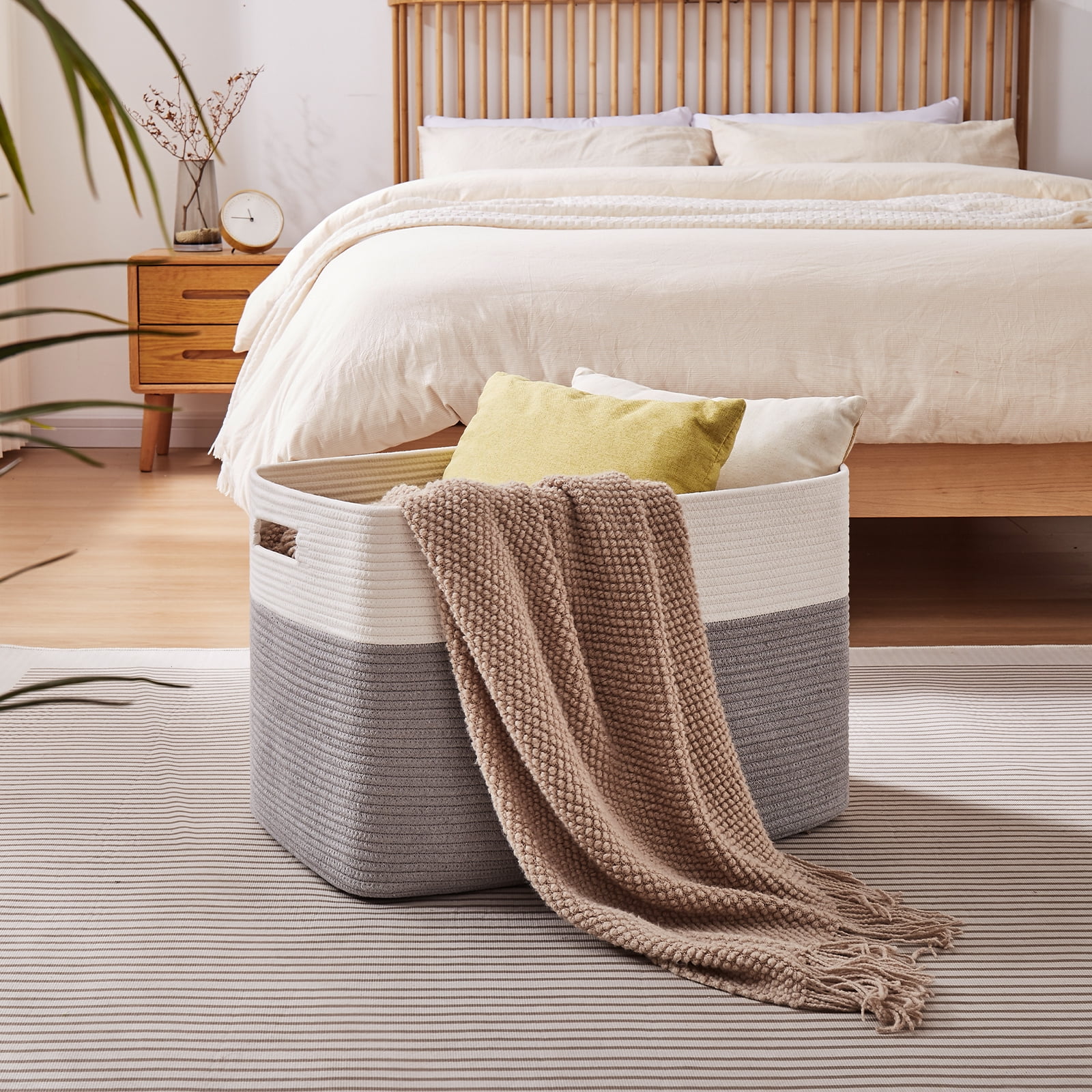 CHERISHGARD 100L Large Rectangle Blanket Basket，Cotton Rope Baskets for Storage, Woven Laundry Basket for Toys