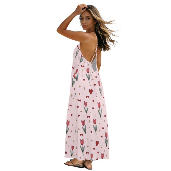 Women Summer Sleeveless Dresses Pink Tulip Flowy Casual Beach Sundress