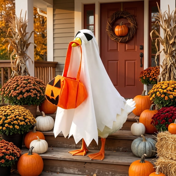 Liamobondopolis Halloween Ghost Porch Goose Outfit with Pumpkin Candy Bag for 23 Inch Figurine Spooky Outdoor and Patio Decor