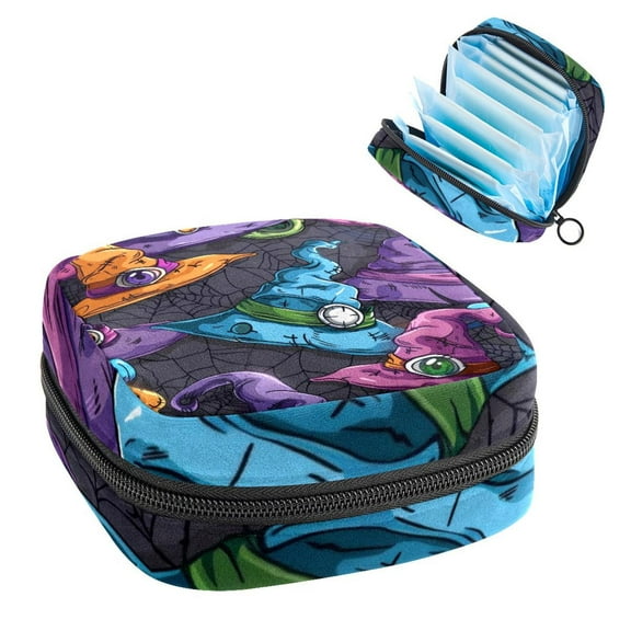 Sanitary Napkin Storage Bag for Girls Women, Portable First Period Pads Bag Tampons Holder Girls Travel Makeup Bag, Large Capacity Colorful Halloween Witch Hats Seamless Pattern