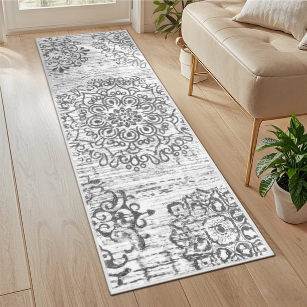MeyJey Alfombra Vintage Boho de 2'x6' para Pasillos, Alfombra Antideslizante Lavable a Máquina para Interiores, Alfombra Oriental Desgastada para Recámara/comedor/sala/cuarto de Lavado, Gris Claro