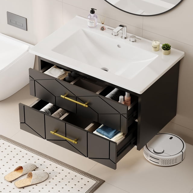 24 inch Bathroom Vanity with Sink Combo, Floating Bathroom Vanity with Ceramic Basin, 2 Large Drawers with Gold Handle, Soft-Close Design, Easy Assembly, Black