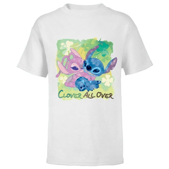 Disney Stich and Angel Shamrock St. Patrick’s Day - Short Sleeve T-Shirt for Kids - Customized-White