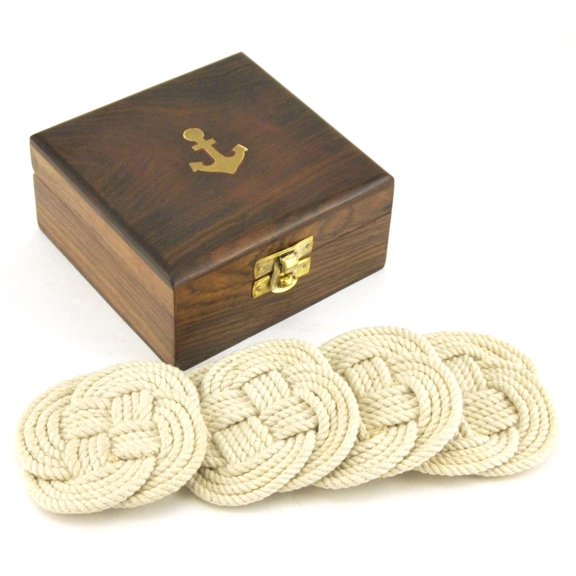 Rope Coaster Set (White Braided Style) With Square Wooden Box (4.75" x 4.75")