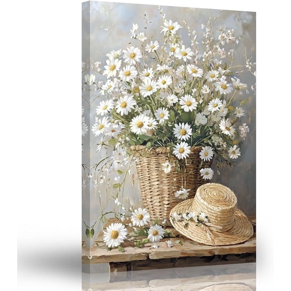 Farmhouse Daisy Wall Art Rustic Floral Canvas Prints Vintage Country Flower Pictures for Kitchen Bathroom Wall Decor Frame