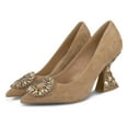 thumbnail image 3 of YDN Women Rhinestone Studded Buckle Pumps Slip On Crystal Chunky High Heels Closed Pointed Toe Office Shoes Size 6 Brown, 3 of 4