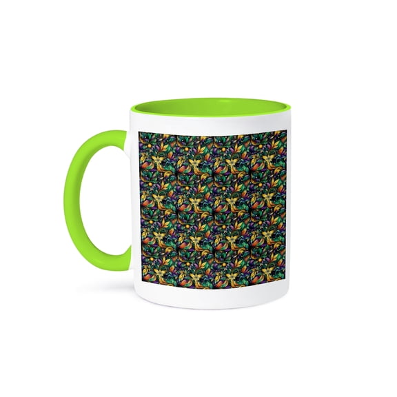 3drose, Abstract Regular Pattern of Floral Elements of Mardi Gras Colors Gift, 11oz Two-tone Green Mug