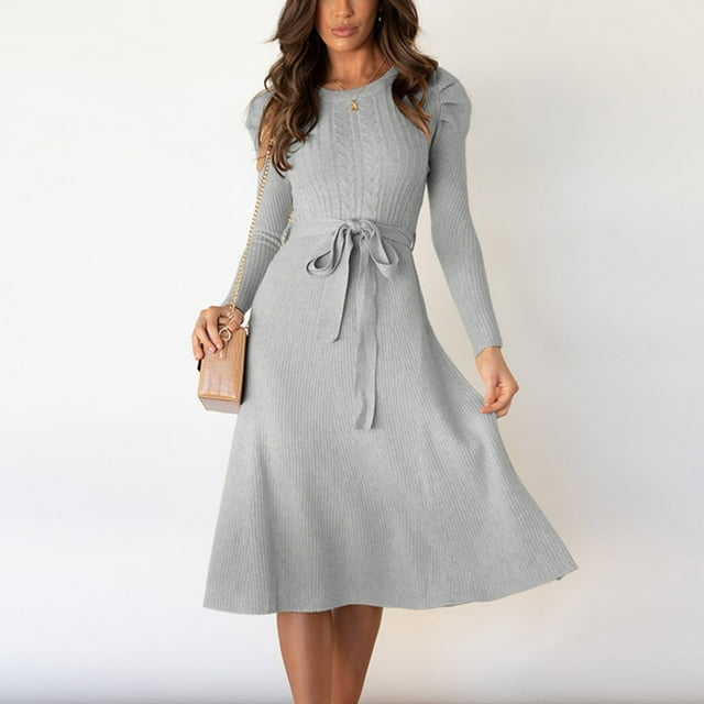 Robe Chandail Mi-Longue pour Femme Col Rond Manches Bouffantes Jupe Tricotée de Couleur Unie