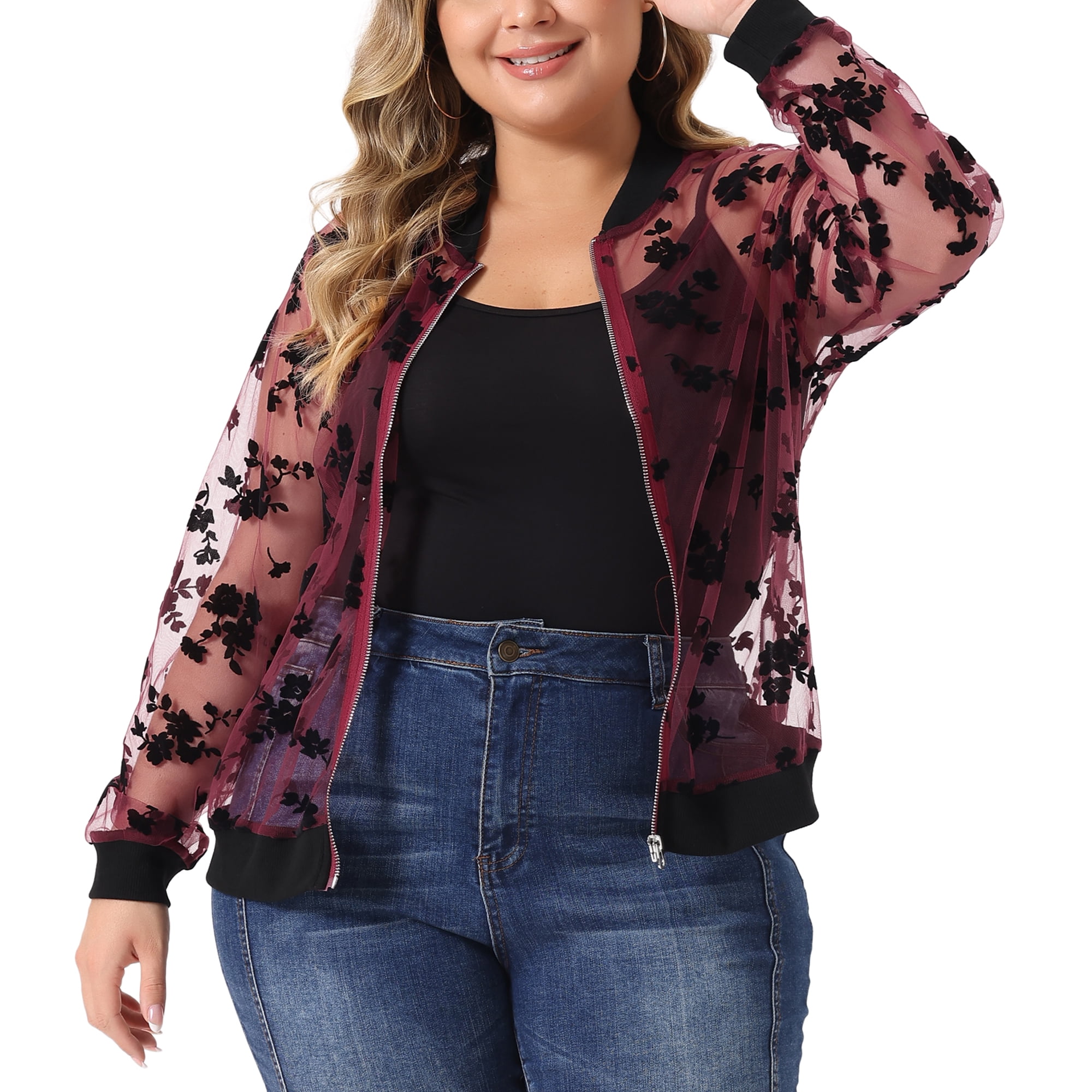 DARING DIVA Plus Size Mesh Sheer Floral Long Sleeve Bomber Jacket 1X Burgundy