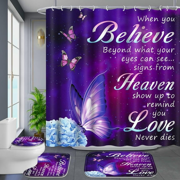 4-Piece Purple Butterfly Bathroom Set with Non-Slip Rug, Toilet Seat and Floor Mat (with 12 Hooks), Floral Shower Curtain Set, Bathroom Set with Rug and Accessories