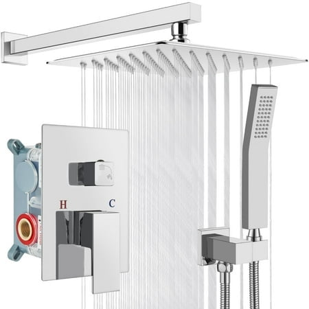 Gotonovo Rainfall Bathroom Shower System Rain Shower Head And Handle Set Wall Mounted Shower Complete Combo Solid Brass Pressure Balancing Shower Mixer Valve 10 Inch Polished Chrome