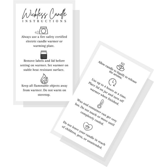 Wickless Candle Care Instruction Card for Clients Physical Printed 2" x 3.5" inches Business Card Size  Minimalist White with Black Design