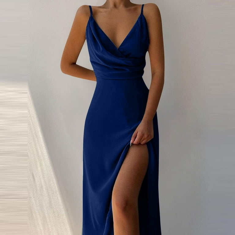 MOJOGO V-Neck Dresses for Women Tunic Cami High Slit Dress Elegant Evening  Cocktail Dress for Summer Wine L
