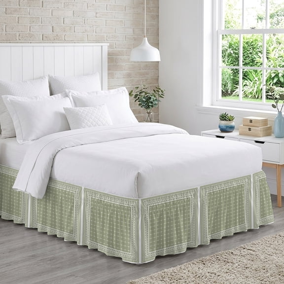 Sage Green Plaid Bed Skirt Queen Size 16 Inch Drop, Country Rustic Farmhouse Geometric Lines Grids Checkered Adjustable Elastic Dust Ruffles Bedskirt for Queen Bed Wrap Around Pleated Mattress Cover