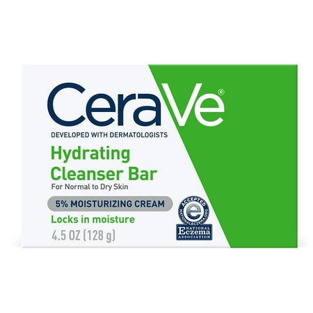 CeraVe Hydrating Cleanser Bar Soap-Free Body and Facial Cleanser with 5%Cerave Moisturizing Cream Fragrance-Free Single Bar, 4.5 Ouncev