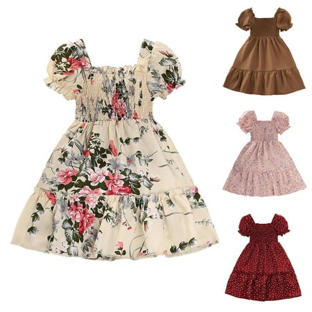 

GYRATEDREAM Girls Ruffle Short Sleeve Square Neck Floral Swing Smocked Midi Dress 4-7 Years