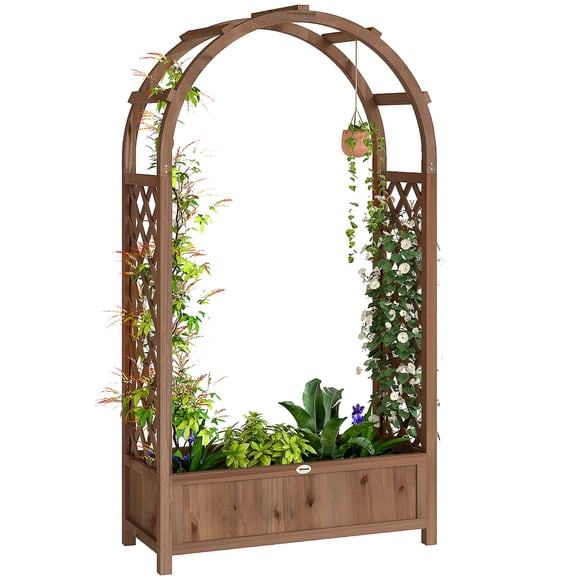 Outsunny Raised Garden Bed with Arch Trellis, Dark Brown Wood Effect