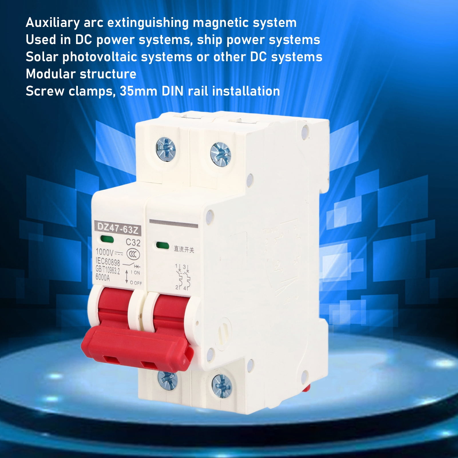 DC Miniature Circuit Breaker 2P Solar PV System Isolator DIN Rail Mount 1000V 16A/20A/32A/40A/50A DZ47-63Z DC Disconnect Switch