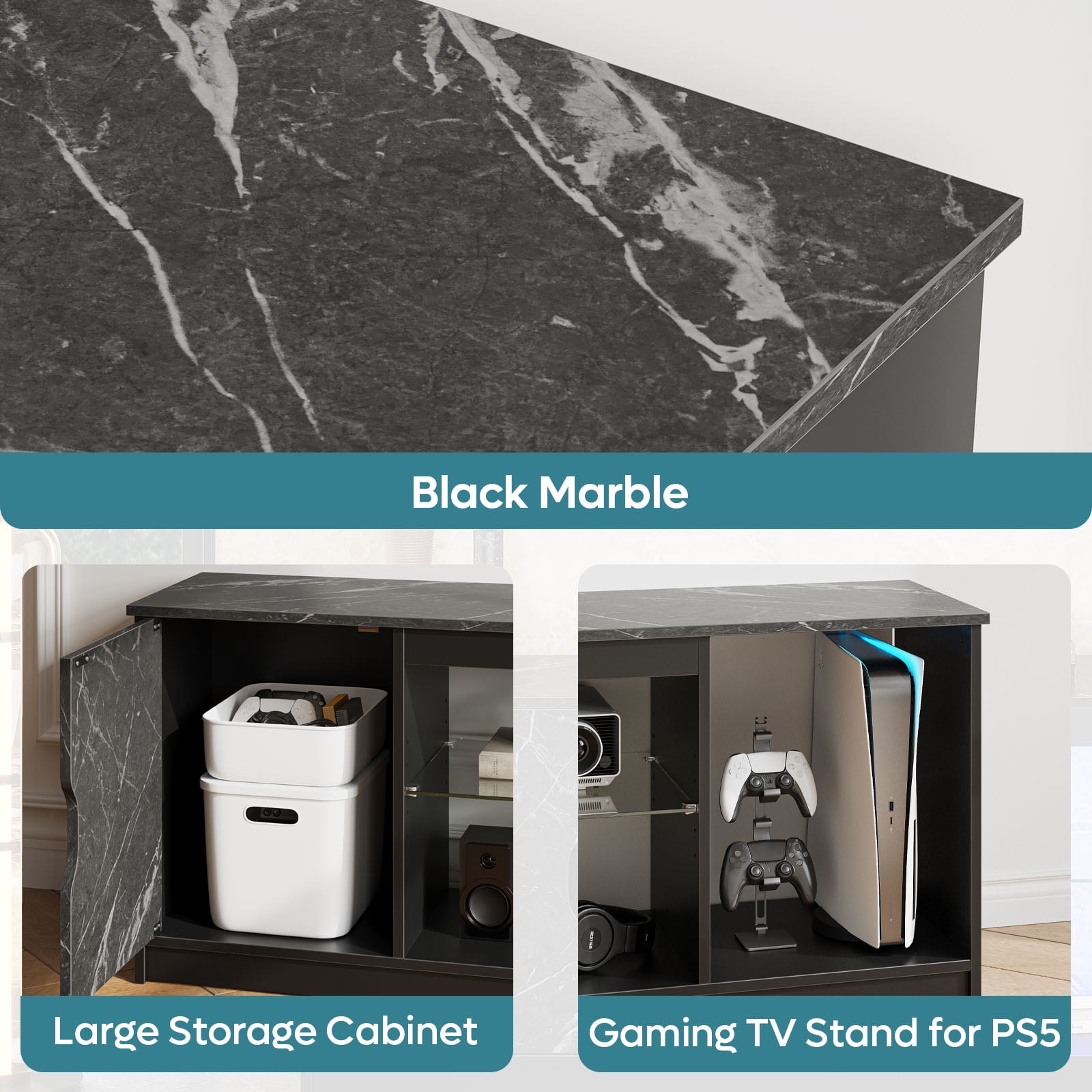 Bestier LED TV Stand for 60/65 inch TV PS5 Gaming Entertainment Center for TVs with Storage Cabinet for Living Room, Black Marble