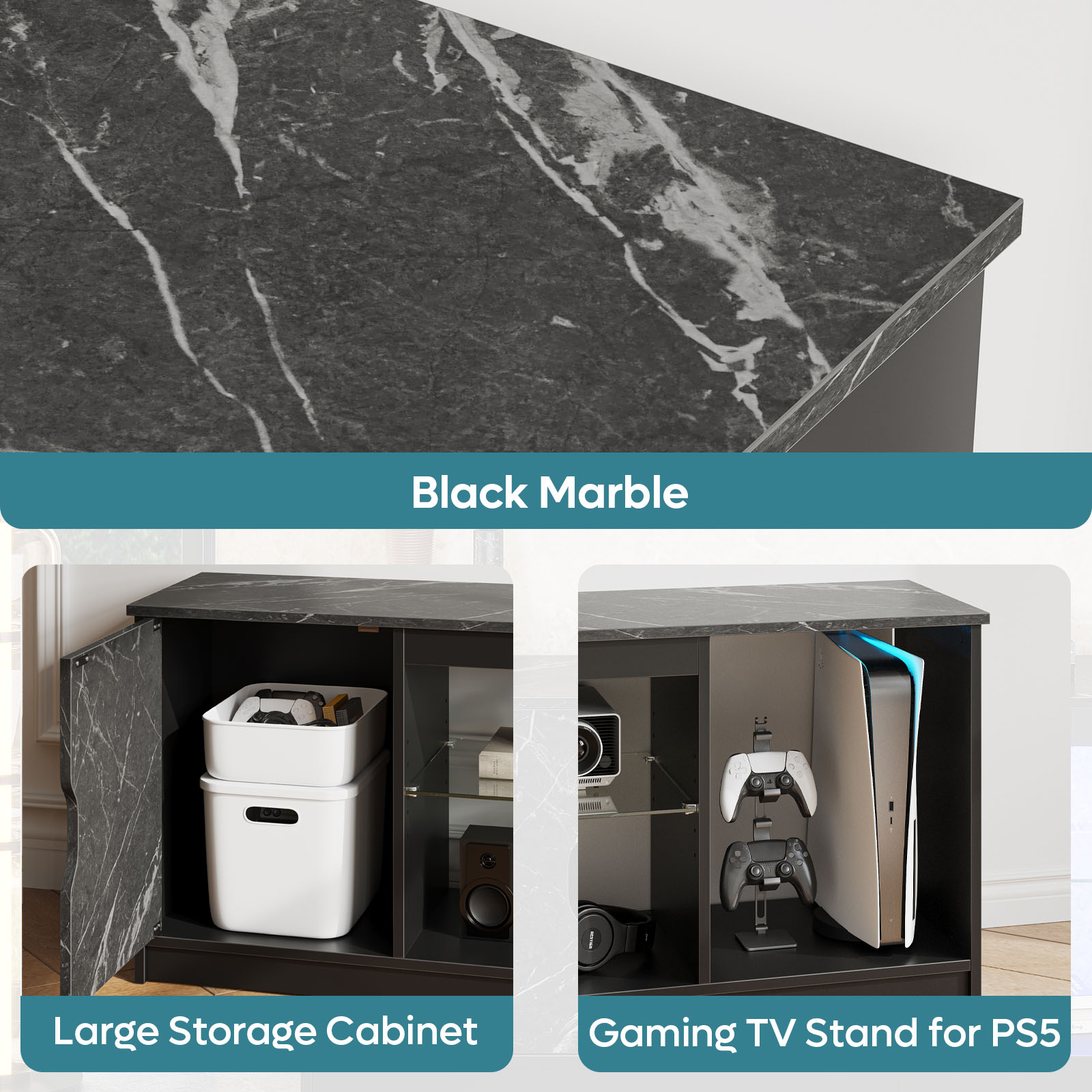 Bestier LED TV Stand for 65" TV, Black Marble photo 8