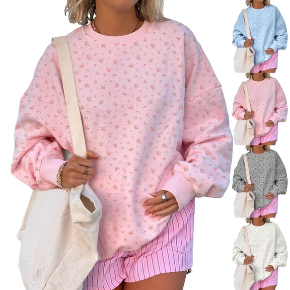 Arlun Womens Oversized Cute Floral Crewneck Sweatshirts Drop Shoulder Long Sleeve Casual Pullovers 2026 Fall Winter Cute Preppy Printed No Hood Sweatshirt for Daily Wear 1-White XL