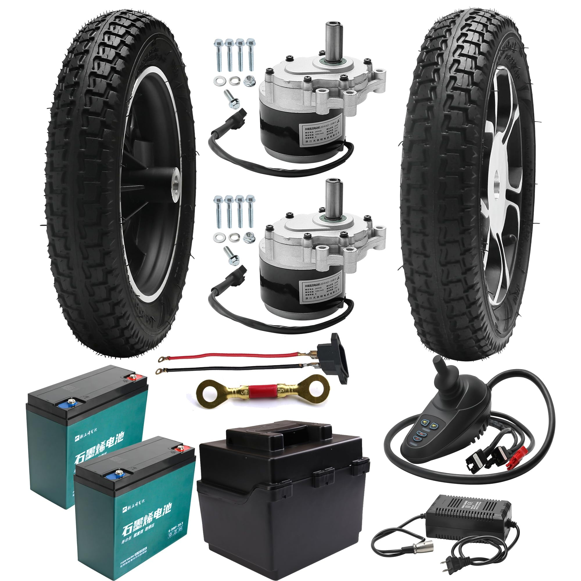 12 Inch Motor Drive Electric Wheelchair Conversion Kit, 24v 250W Double Motor Set, 12" Wheels with Joystick Controller, 6-DZM-20 for Electric Wheelbarrow, Go Karts, Mobility Scooter,Rollator Walker