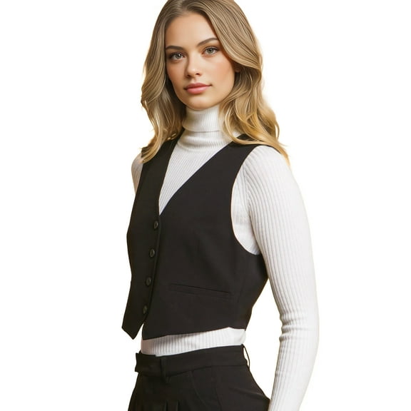 Love Tree Women's Juniors Cropped Button Down V-neck Mini Vest (Black, Small)