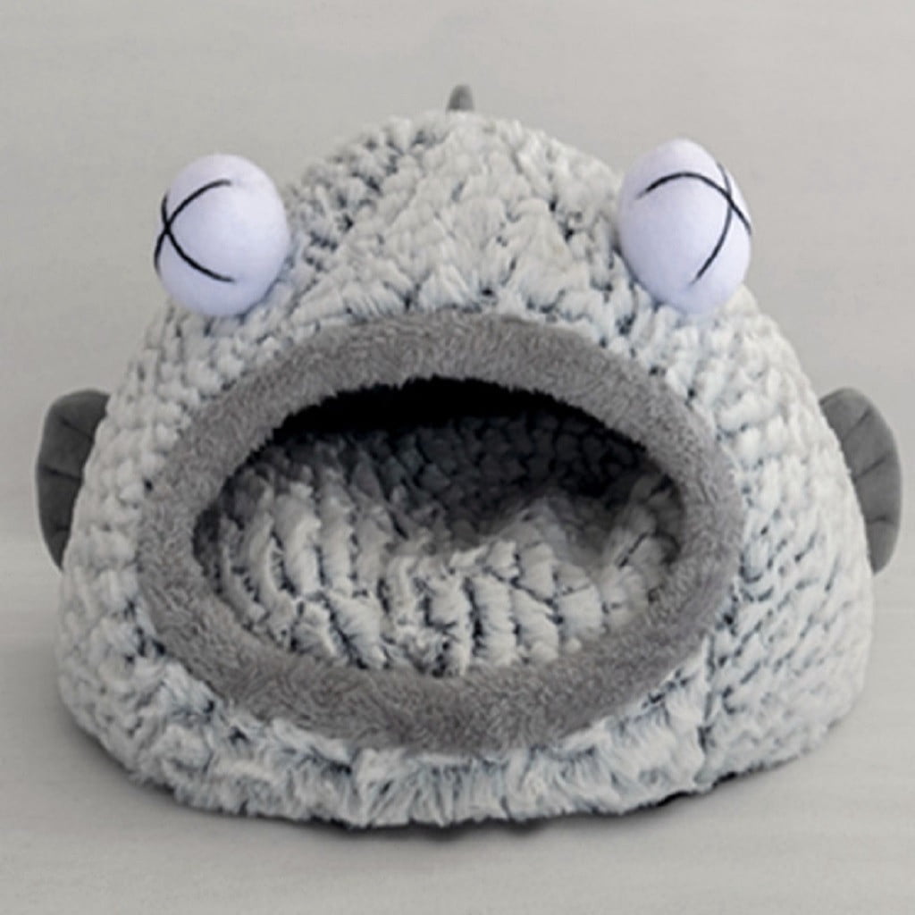 PureCasa Funny Fish Shape Semi-Enclosed Dog Cat Bed for Fall Winter, Comfortable Warm Plush Fluffy Pet Pad House Kennel, Sleeping Cushion Pads for Small Cats Dogs, Round, 1 Pack, S 14"x16", Gray
