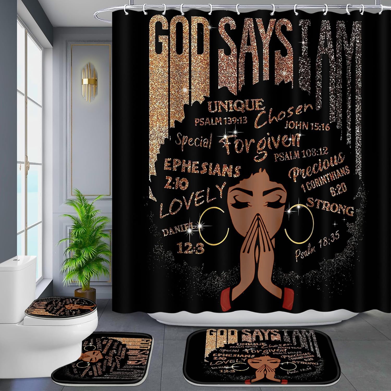 FRAMICS Black Girl with Glitter Quotes Pattern Polyester Shower Curtain and Rug Sets, 16 Pc Bathroom Sets with Non-Slip Mats, Waterproof Shower Curtain with 12 Hooks and Toilet Rugs