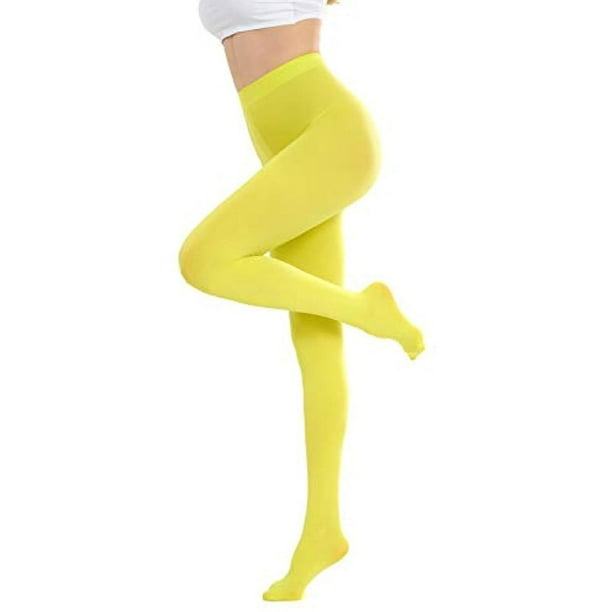Women's solid leggings, semi-sheer leggings with feet, stretch leggings, anti-run control top leggings, yellow
