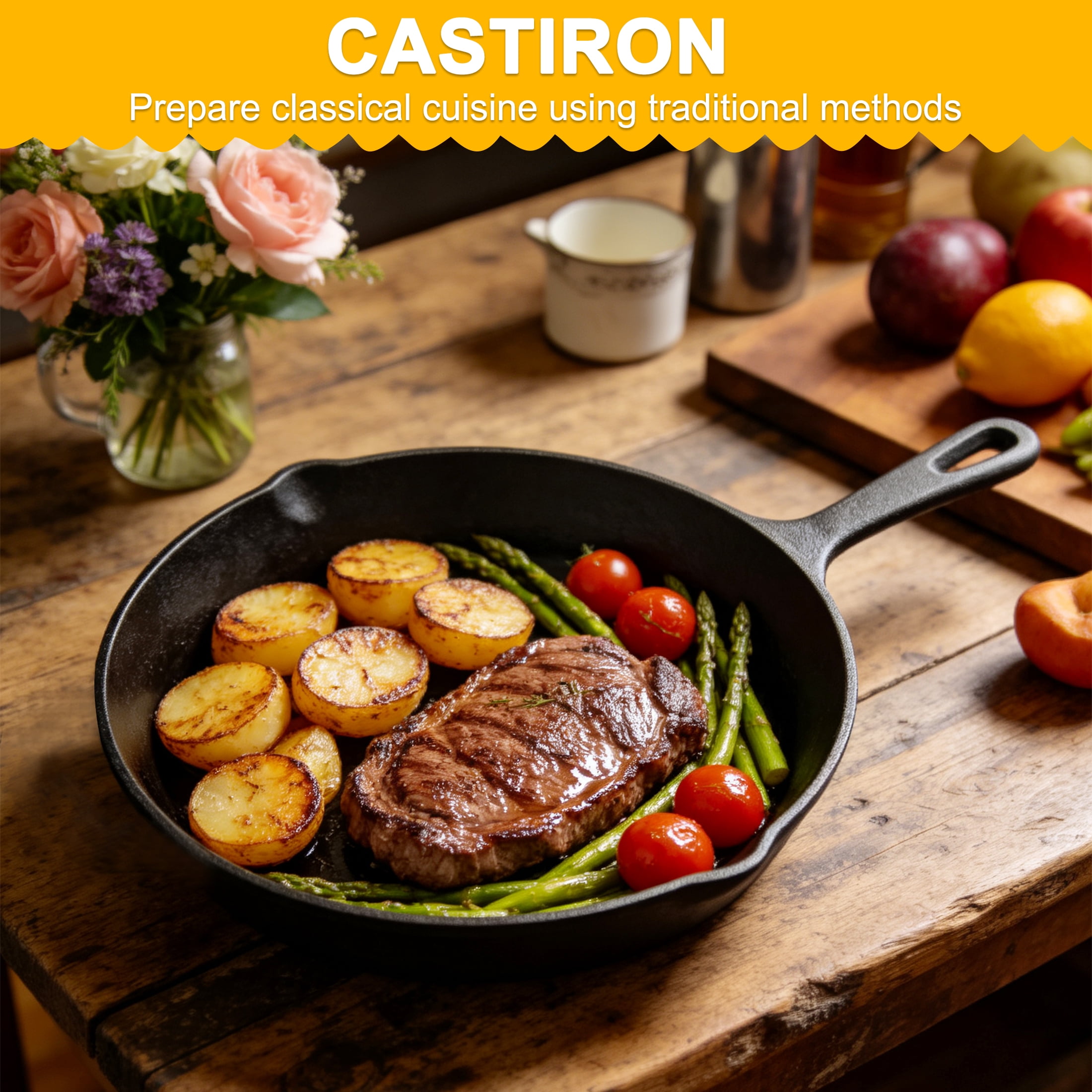 Cast iron Skillets 3 Piece Set, Heavy-Duty Professional Restaurant Chef Quality Pre-Seasoned Pan Cookware Set, 6", 8", 10" Pans For Frying, Saute, Cooking, Use Indoor/Outdoor, Oven, Grill