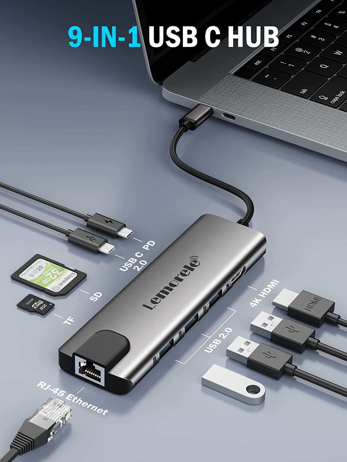 USB C Hub Multiport Adapter 9 in 1 w/Gigabit Ethernet, 100W PD, HDMI 4K, 3 USB 2.0, 5Gbps USB C Data Port, SD/TF Card Reader, Dongle Docking Station for MacBook Lenovo HP Laptops