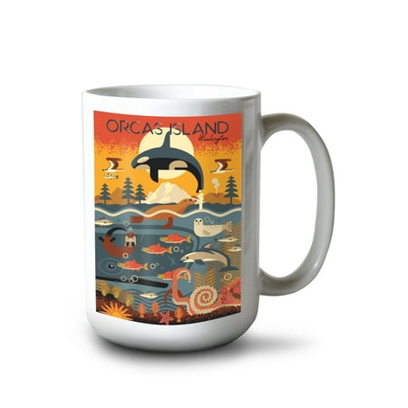

15 fl oz Ceramic Mug Orcas Island Washington Marine Animals Geometric Dishwasher & Microwave Safe