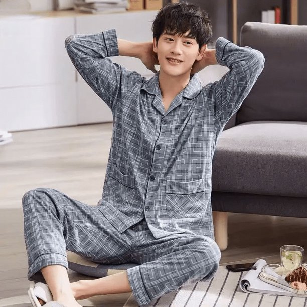 Conjunto de pijama con pantalones largos de manga larga de algodón puro para hombre, ropa de casa de otoño/invierno adecuada para hombres grandes