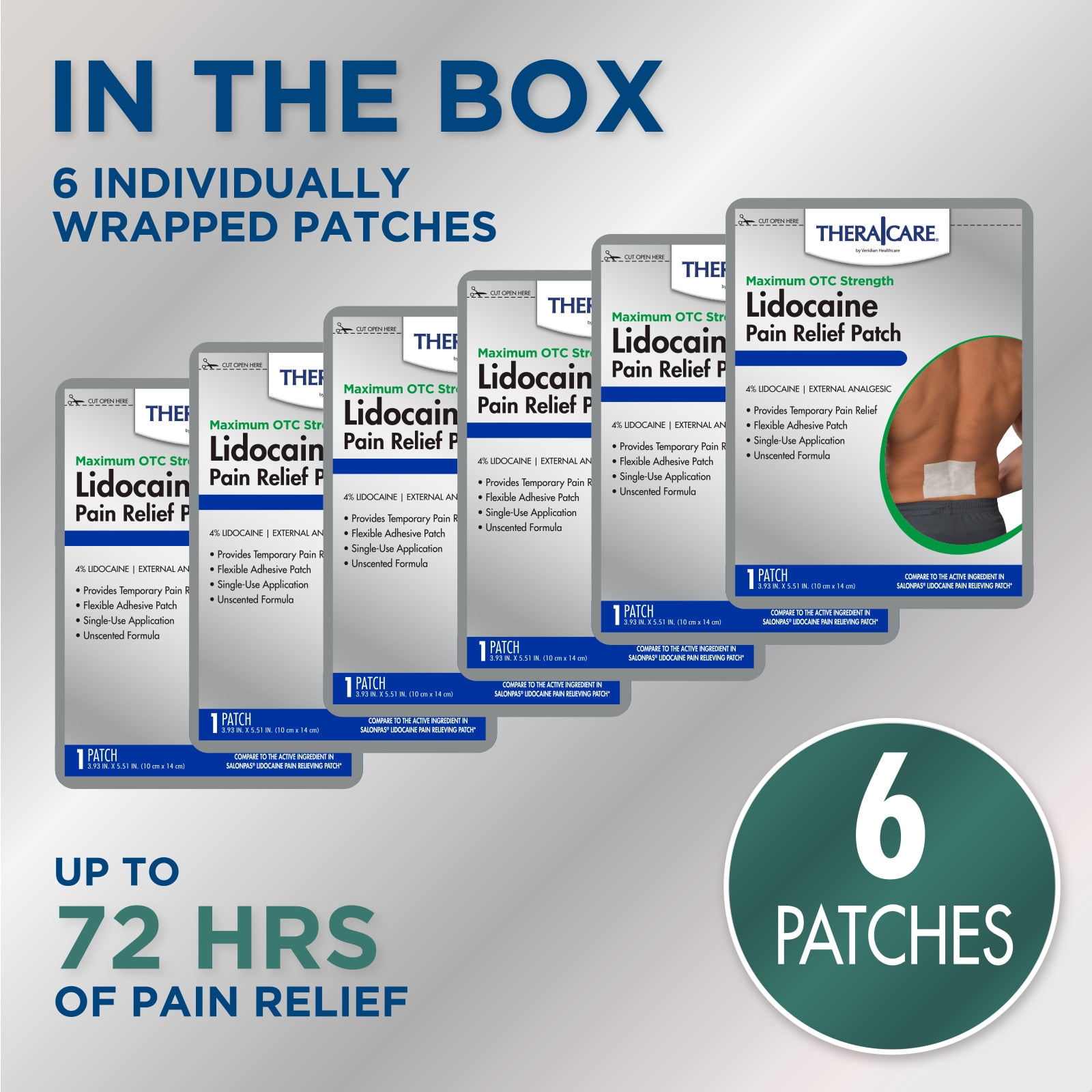 Thera|Care Maximum Strength OTC Pain Relief Patch | 4% Lidocaine Patch | 3.9” x 5.5” | 6-Count Box