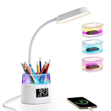 PUCACHI LED Desk Lamp with Digital Clock & USB Charger - Adjustable RGB Night Light, 3 Eye-Care Modes, Touch Control for Office, Study, Bedroom