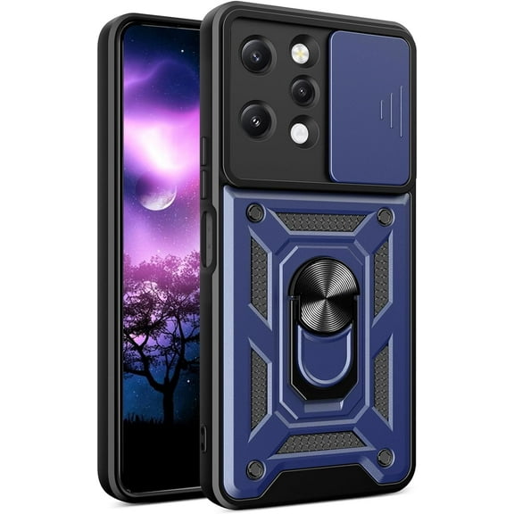 for Xiaomi Redmi 12 4G Case with Slide Camera Cover for Men, Military Grade Drop Phone Cover Case with Rotate Ring Kickstand for Xiaomi Redmi 12 4G SJ Blue