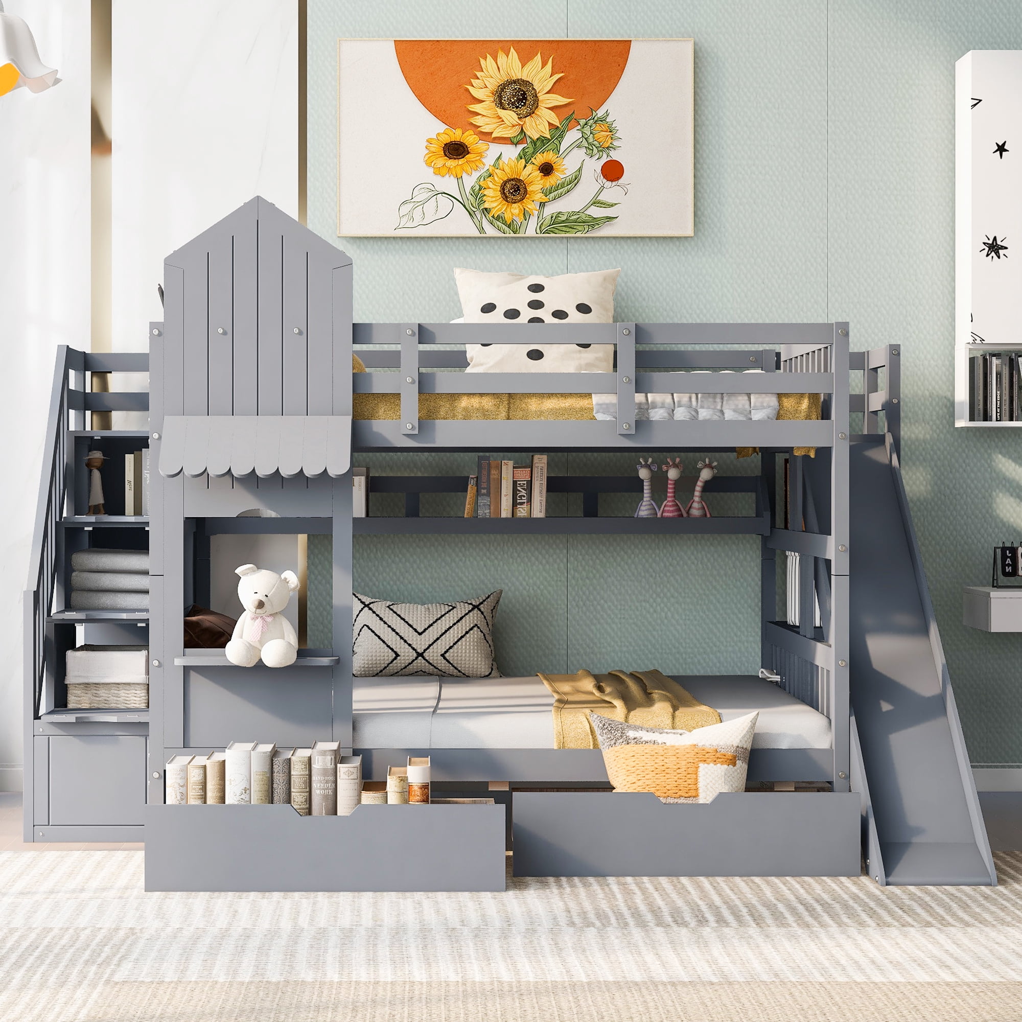 Full over Full Bunk Bed for Kids, Castle Style Bunk Beds with 2 Drawers, Slide and Storage Shelves, Solid Wood Bunk Bed Frame for Kids Girls Boys Teens