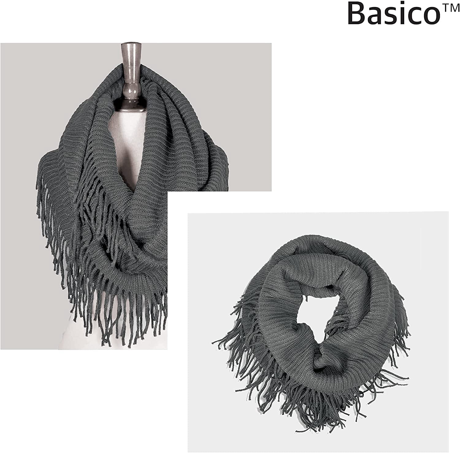 BASICO Warm Knit Winter Scarfs for Women Dark Grey Infinity Scarf Circle Loop Scarves