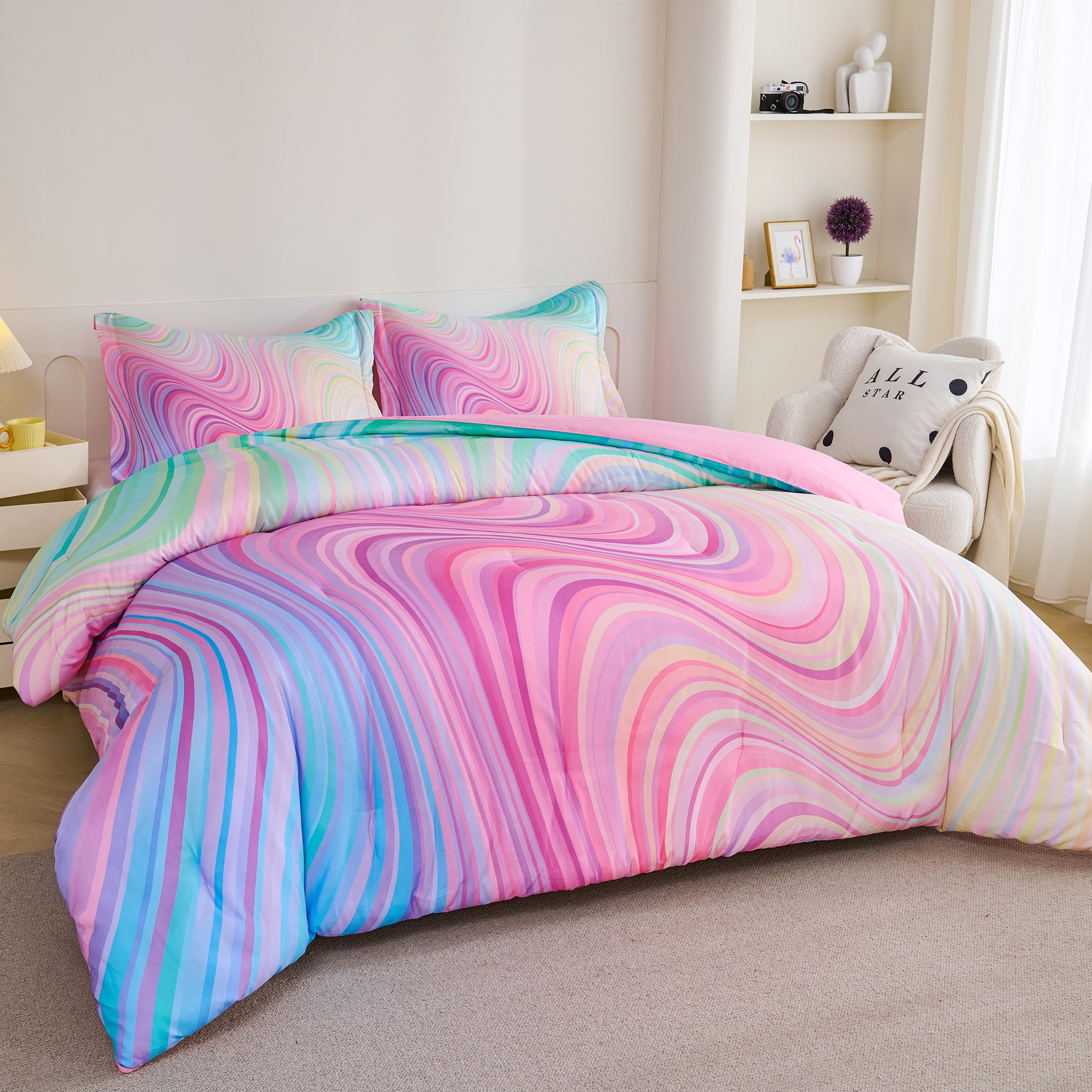 Koniroom 3-Piece Girls Pastel Swirl Rainbow Comforter Set Full Size, Blue Pink Purple, Kids Bedding Set