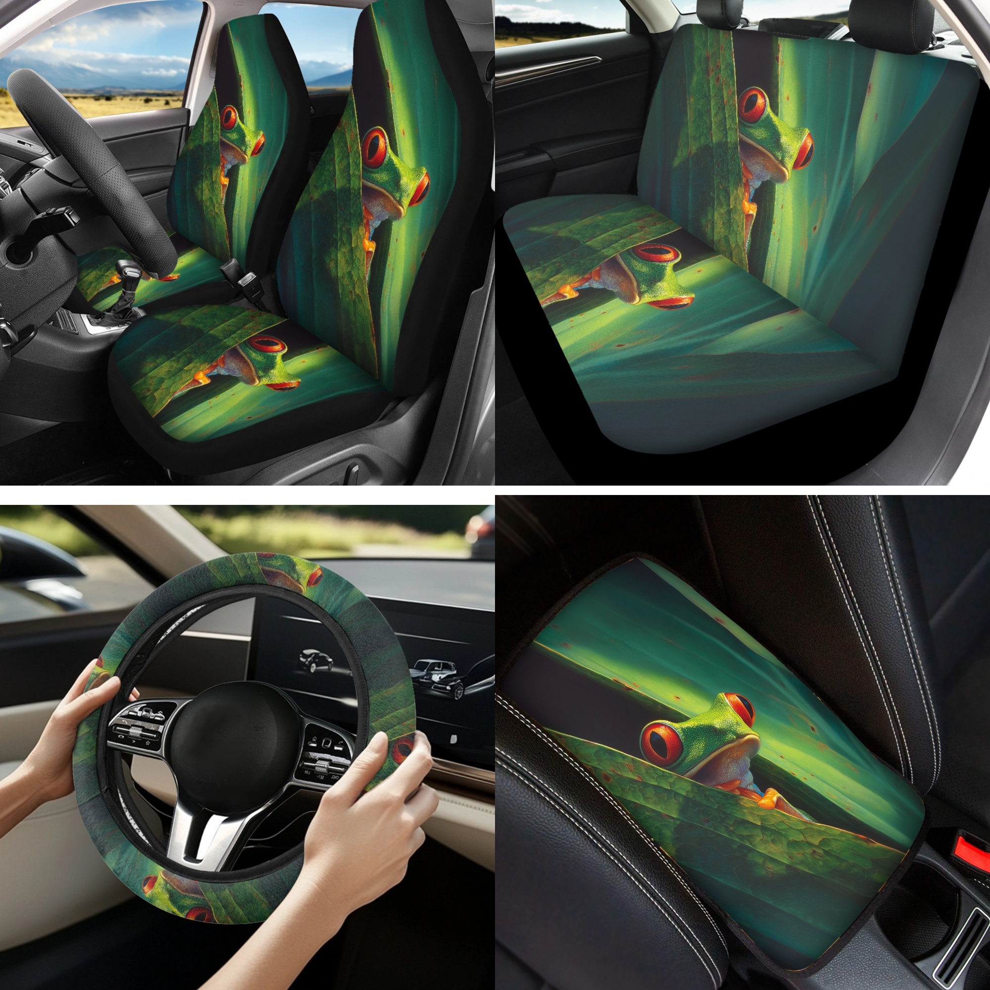 Jeiento Frog Car Seat Cover Full Set of 13 Steering Wheel Cover Seatbelt Pad Armrest Cover Cushion Green Leaves Coasters Key Chain for SUV Van Truck Truck Interior Automobile Accessory Sets