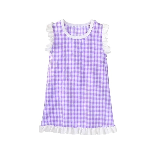 EGNMCR Robe Sans Manches à Col Rond Robe à Carreaux pour Filles Robe d'Été pour Bébé Robe à Col en Dentelle pour Petites Filles Robe en polyester pour Enfant