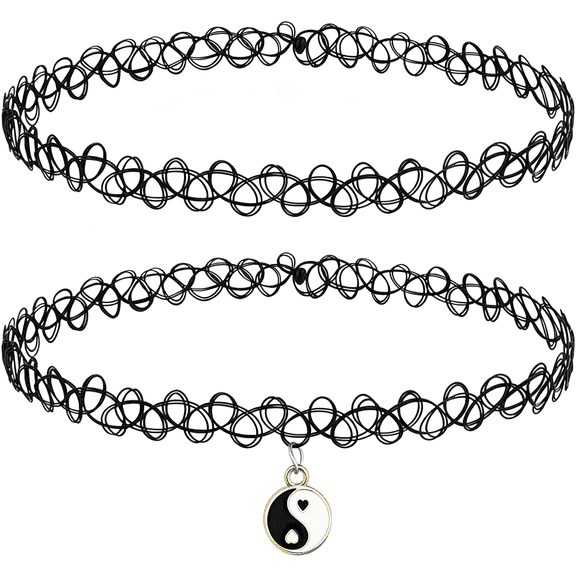 DESIGNICE 2Pc Tattoo Choker Necklace Set - Butterfly Yin Yang Unicorn Heart Charm Pendants - Stretchy 90S Henna Chokers Women - Y2K Goth Aesthetic Jewelry - Clasp Free Stretch Fit