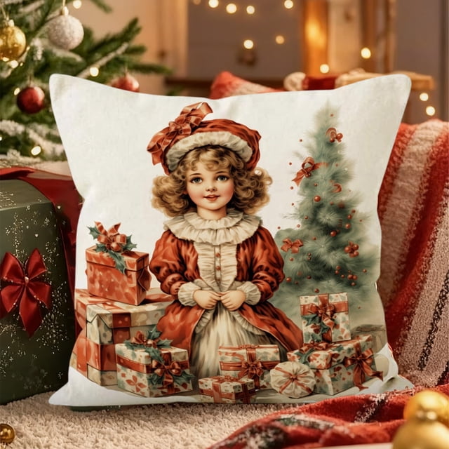 xihome Funda de cojn navideña de polister de 45x45 cm con guirnalda de Pap Noel y luces navideñas. Ideal para sof, cama o sala de estar.