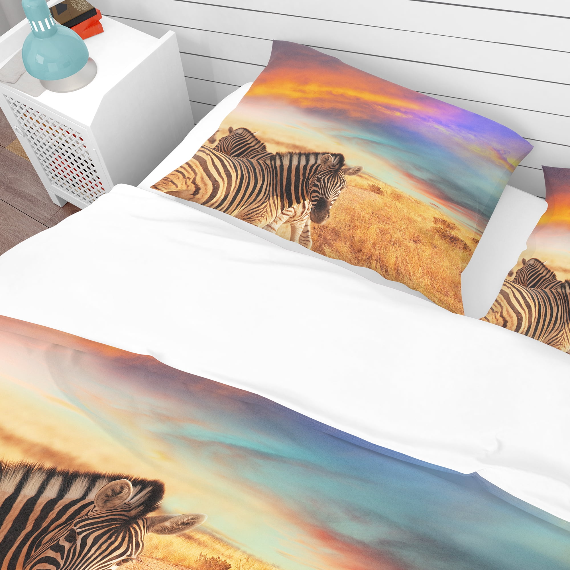Designart 'Zebras in Bush Under Colorful Sky' Tropical Duvet Cover Set