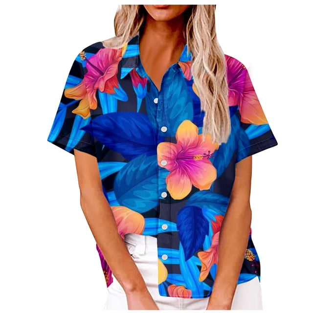 Camisas de Manga Corta para las Mujeres Cuello Redondo Hawaii Impresión Casual Blusa Plisada, Top Flujo