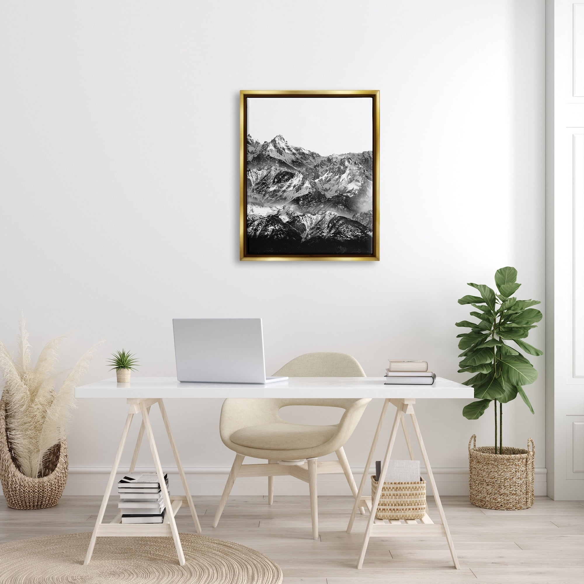 Stupell Industries Snow Cap Mountains High Contrast Black White Landscape Metallic Gold Framed Floating Canvas Wall Art, 24x30, by Shelley Lake
