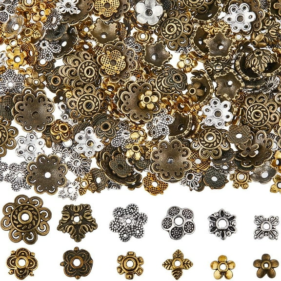 DIY 1 Box 360Pcs 12 Styles Bead Cap Findings Flower Spacer Beads Bulk Tibetan Alloy Floral Metal End Cap Silver Gold Bronze Vintage Bead Caps for DIY Bracelet Necklace Earrings Jewelry Making DIY